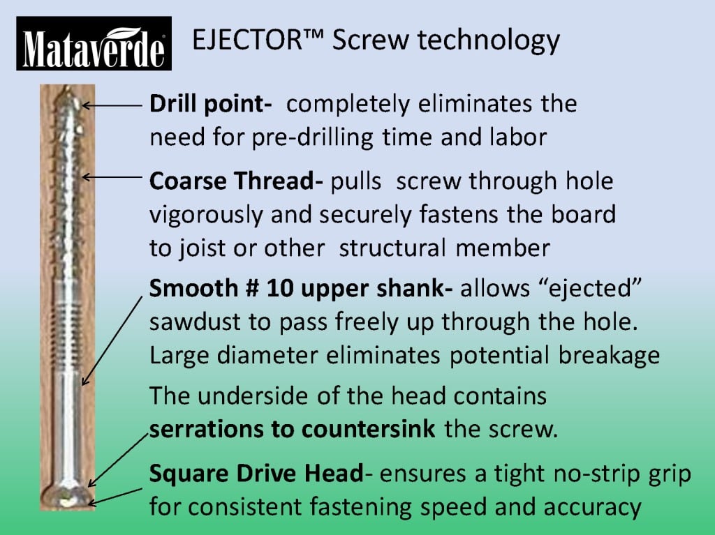 Ejector screw deck fasteners to save time, money and labor on large boardwalk projects by Mataverde Decking