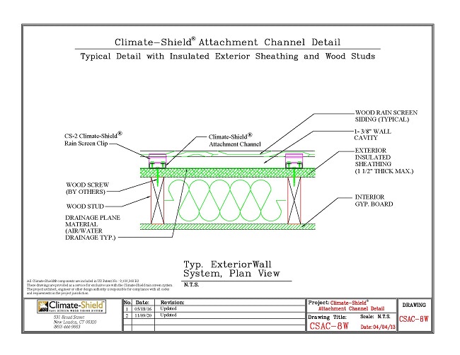 CSAC-8W Attachment Channel over Rigid Insulation and Wood Stud wall assembly