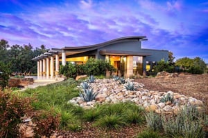 Exterior photo of winery tasting room exterior with Pura Lumen in New York Grey  Casino Mine Ranch Winery Pura NFC by Trespa Lumen New York Grey Photo Courtesy of @paulkozal.com