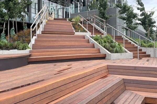 FSC Ipe rooftop deck stairs and flowers before finish applied Kirkland Urban II Seattle-1-1