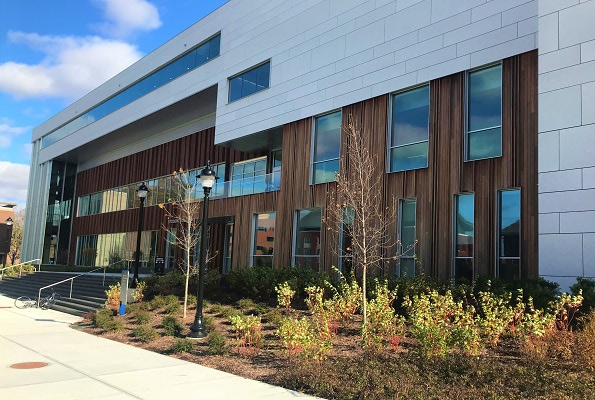 Ipe rainscreen on UConn exterior facade at main entrance