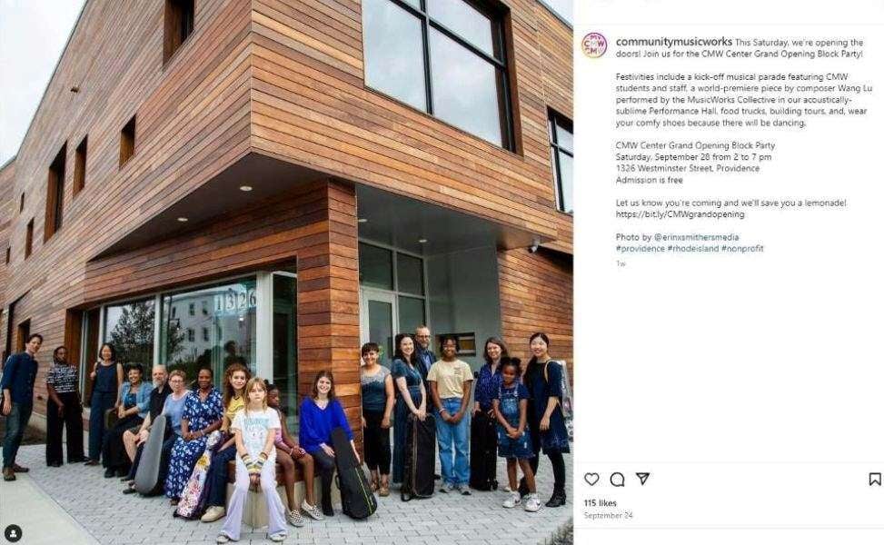 Students pose in front of the newly installed Ipe wood rainscreen siding at the new Community MusicWorks building. @communitymusicworks IG, courtesy of Sebastian Ruth