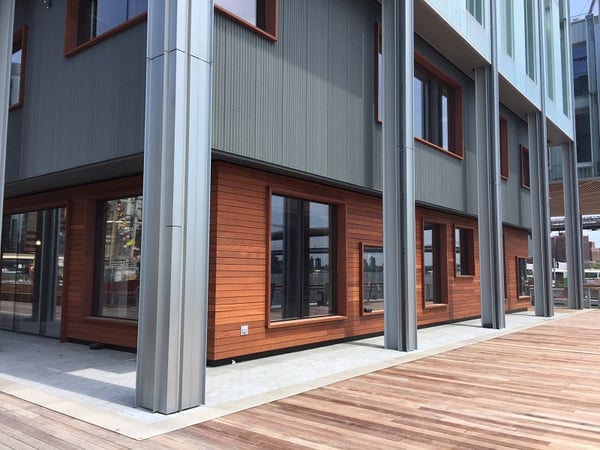 Jatoba hardwood siding and decking with other cladding elements