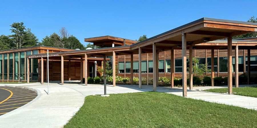 Mansfield Elementary Ipe Wood Rainscreen Siding - Front entry from Ipe breezeway - large