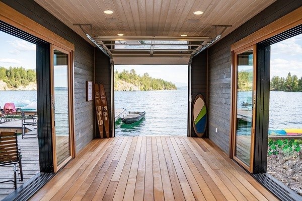 A breezeway deck made from Mataverde's ThermaWood Hemlock decking material shown to resist colder climates.