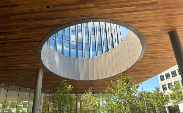 Dramatic Wood Ceiling Soffit With ThermaWood Fire Resistant Siding