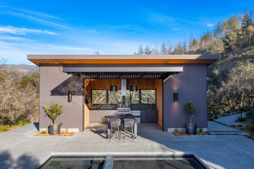 ThermaWood FR Hem-Fir Siding Outdoor KItchen Front View The Ridge House project CA