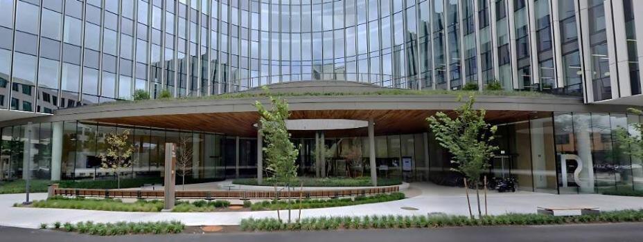 ThermaWood FR Wood Ceiling Soffit on entryway and atrium at Ragon institute - street view