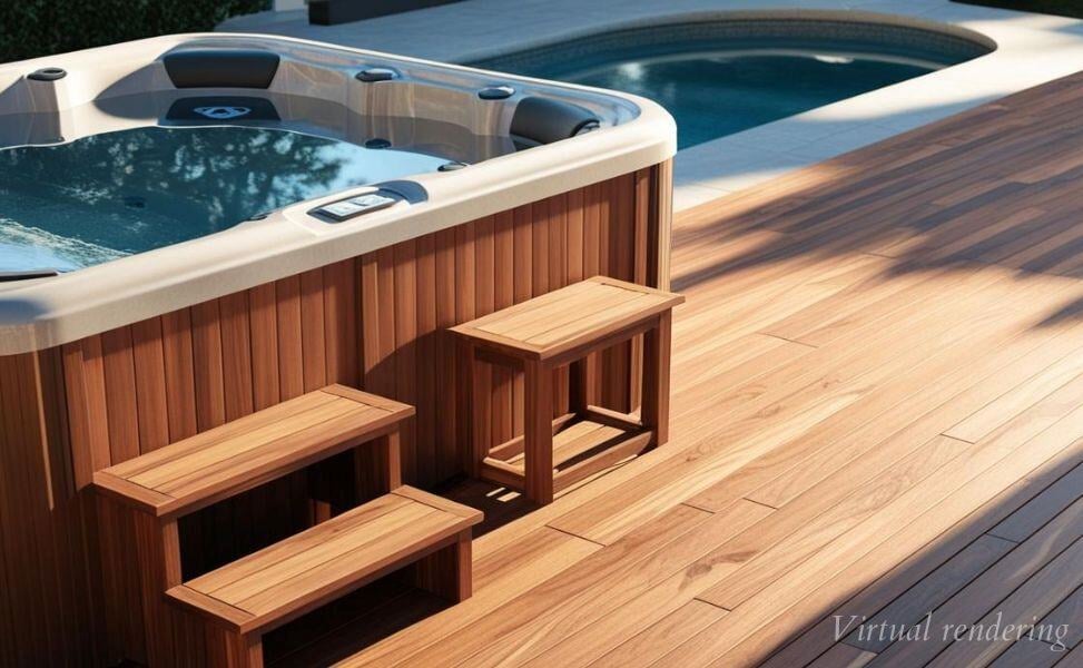 hot tub with deck next to pool