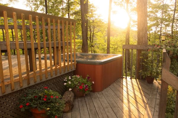 Wood deck with hot tub on a multi level deck