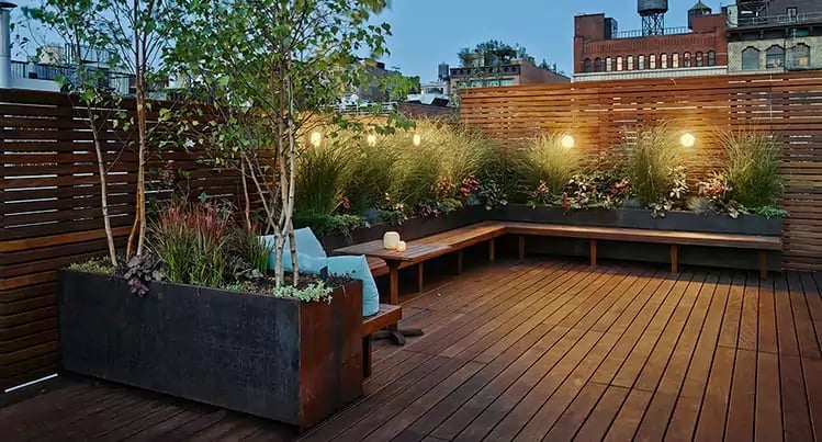 Rooftop deck with built in seating and planters